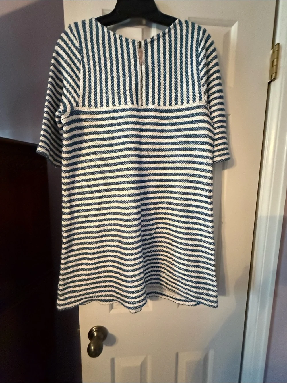 Blue and White Striped Knit Dress-with Tan Faux Leather Pocket Accents